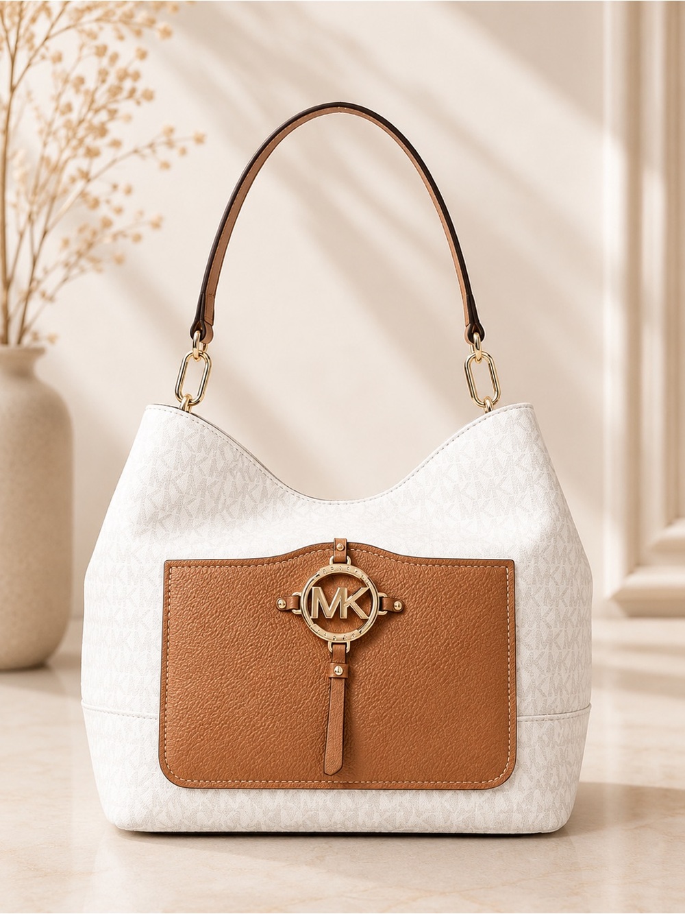 Michael Kors Amy Hobo Vanilla MK Signature Shoulder Bag Brown Leather Trim